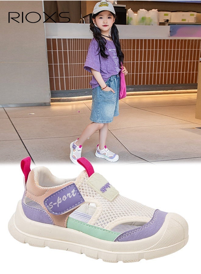 RIOXS Kids Unisex Flat Sandals, Fashion Boys' Sandals Girls' Sandals, Lightweight Breathable Mesh Shoes with Velcro, Athlesiure Slip-On Sneakers for Toddler/Little Kids, Athletic Casual Shoes for Boys Girls, Beach Sport Barefoot Aqua Sandals for Indoor Outdoor Activities, Kid's Footwear Violet Tennis Hiking Sneaker - Image 2